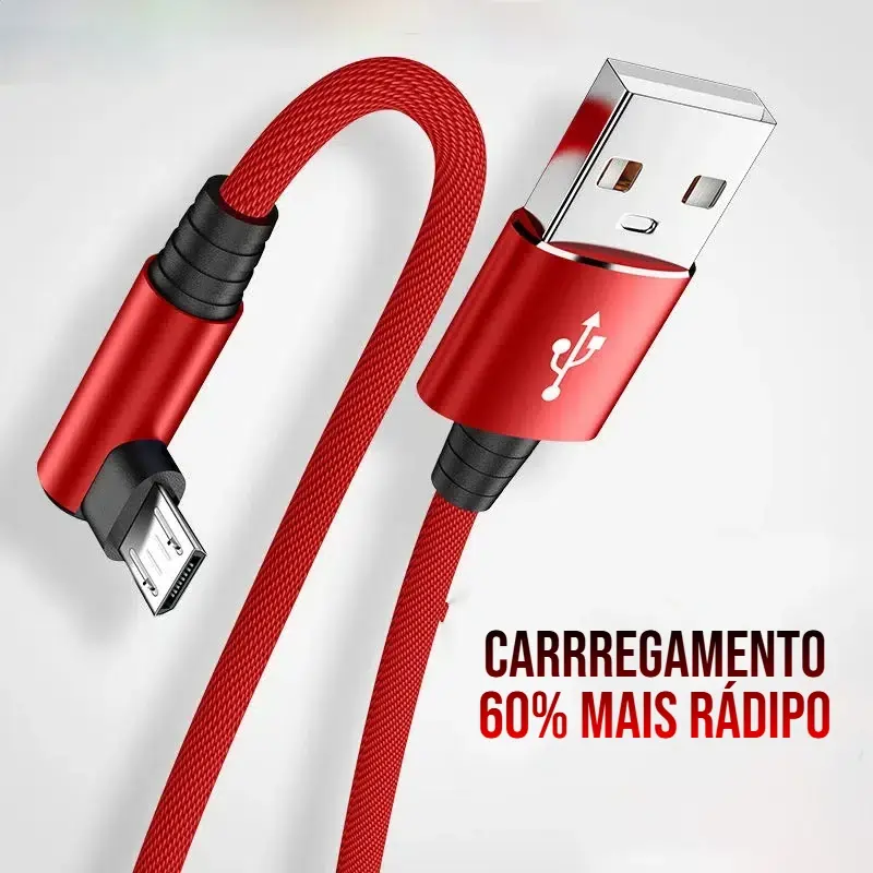 Cabo de Dados e Carregamento Rápido Micro USB 3A 90º Graus Carrega 60% mais rápido para Celulares Samsung, Xiomi, Motorola e mais...