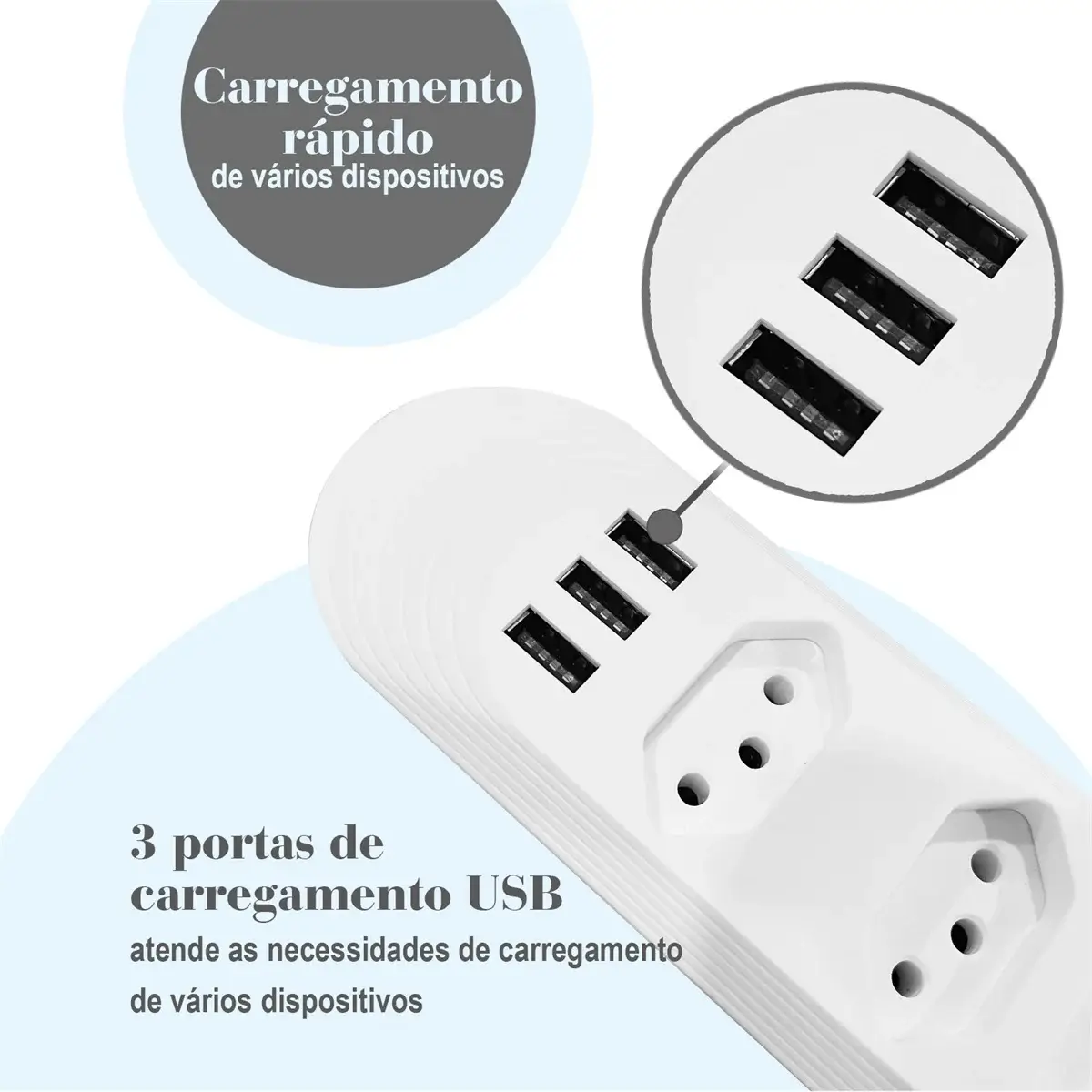 Portas USB da extensão elétrica com destaque para símbolo de carregamento rápido.