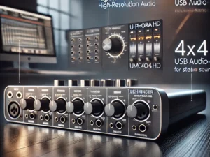 Interface de áudio USB Behringer UMC404HD vista frontal com 4 entradas combo XLR/TRS e controles individuais.