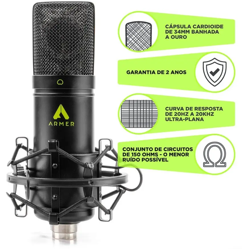 Microfone condensador Armer A68 montado com shockmount em estúdio.