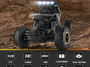 Carrinho de controle remoto 4x4 preto com destaque para especificações técnicas do produto