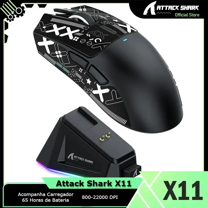 Mouse Gamer Attack Shark X11 Preto – Ultra-Leve, RGB, Sensor 22.000 DPI, 3 Modos de Conexão