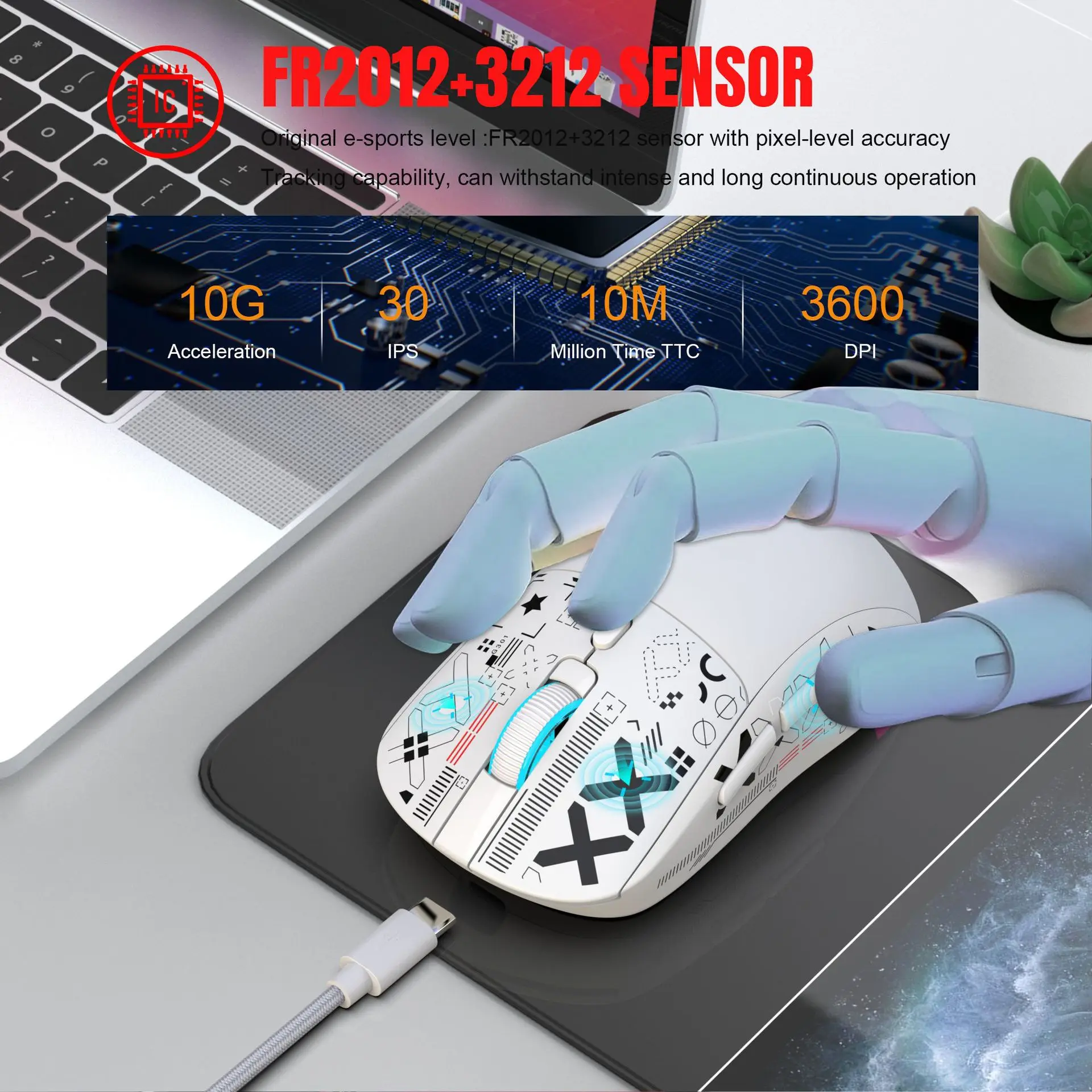 Detalhamento técnico do mouse gamer HXSJ T90 com DPI, iluminação, conectividade e bateria