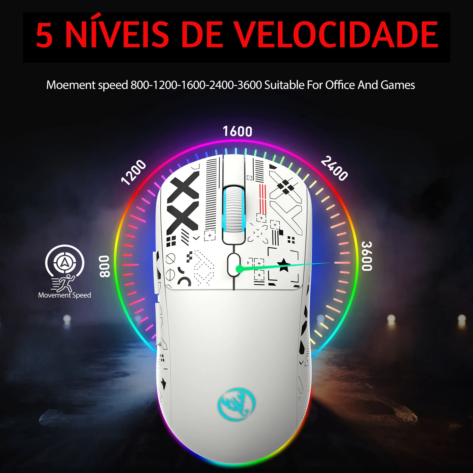 Cinco opções de DPI ajustável do mouse HXSJ T90 até 3600 para controle preciso