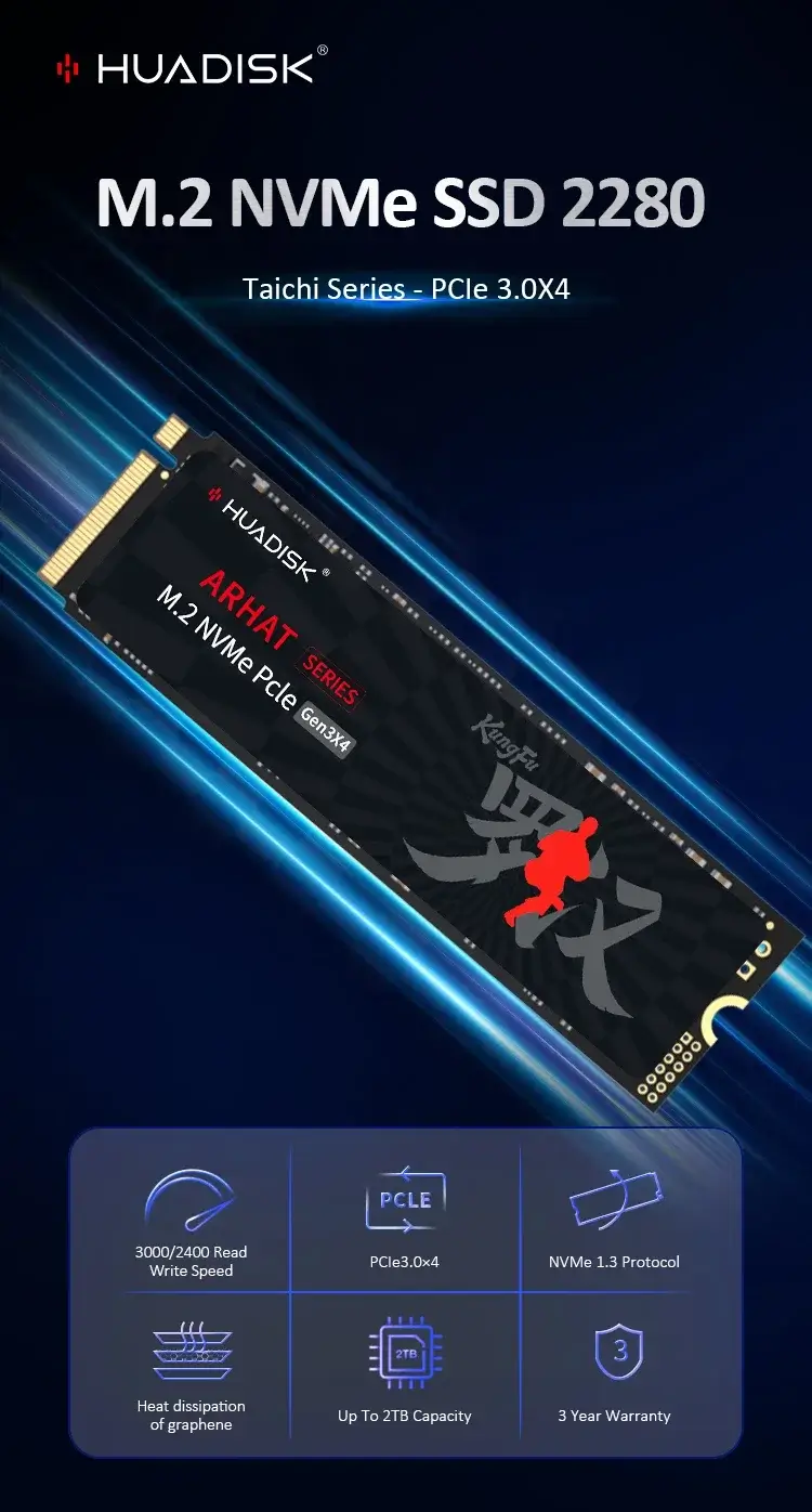 Vista lateral do SSD HUADISK M.2 NVMe PCIe com especificações técnicas destacadas