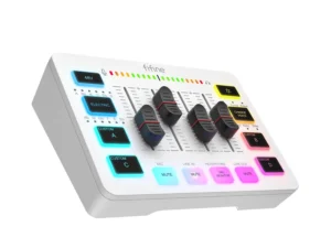 Mesa de som USB FIFINE AmpliGame SC3 branca com iluminação RGB e phantom power.