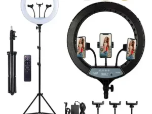 Caixa do Ring Light 18 polegadas com tripé e acessórios inclusos