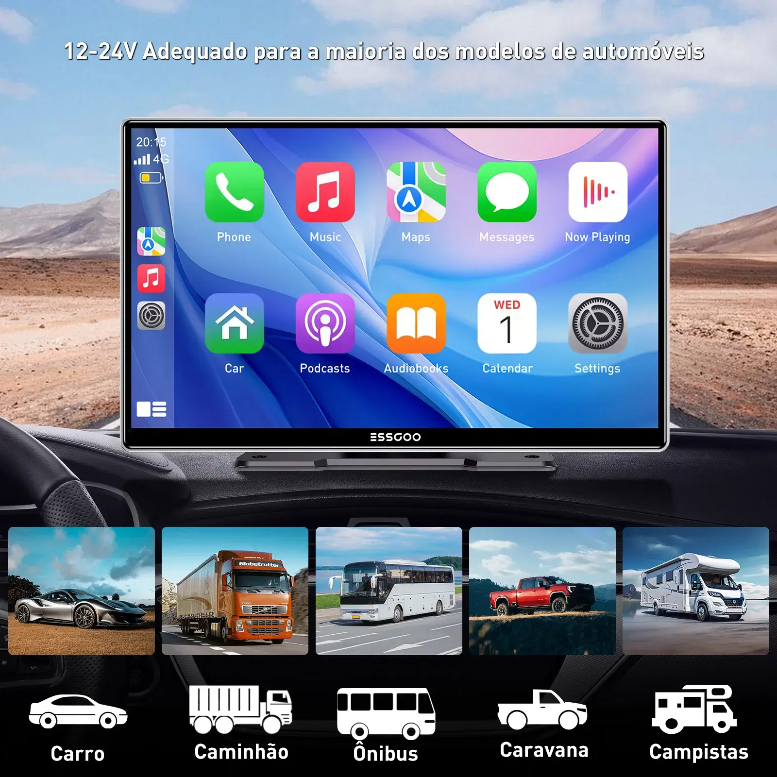 Tela CarPlay Android Auto compatível com diferentes tipos de veículos