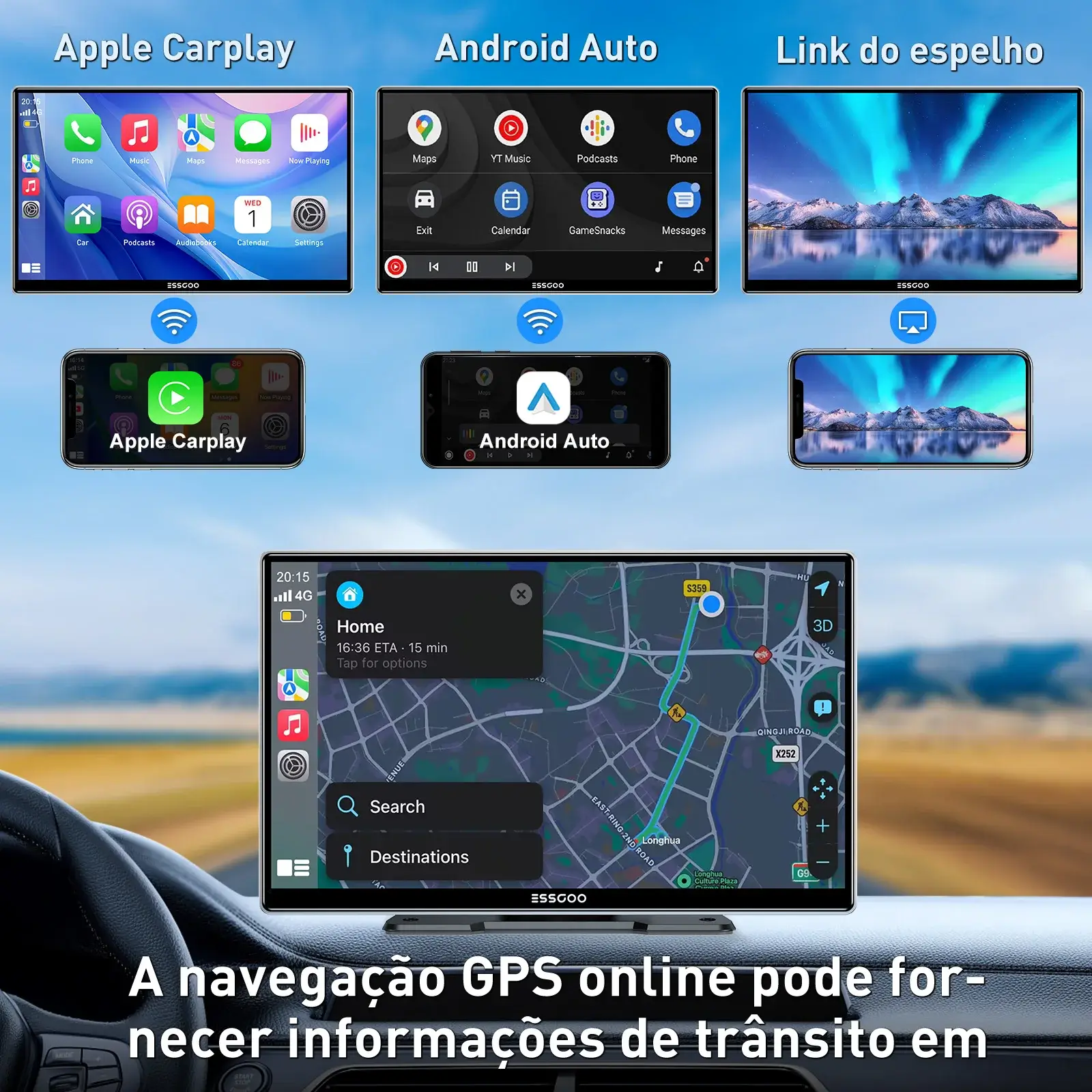 Tela CarPlay Android Auto exibindo GPS online com Google Maps