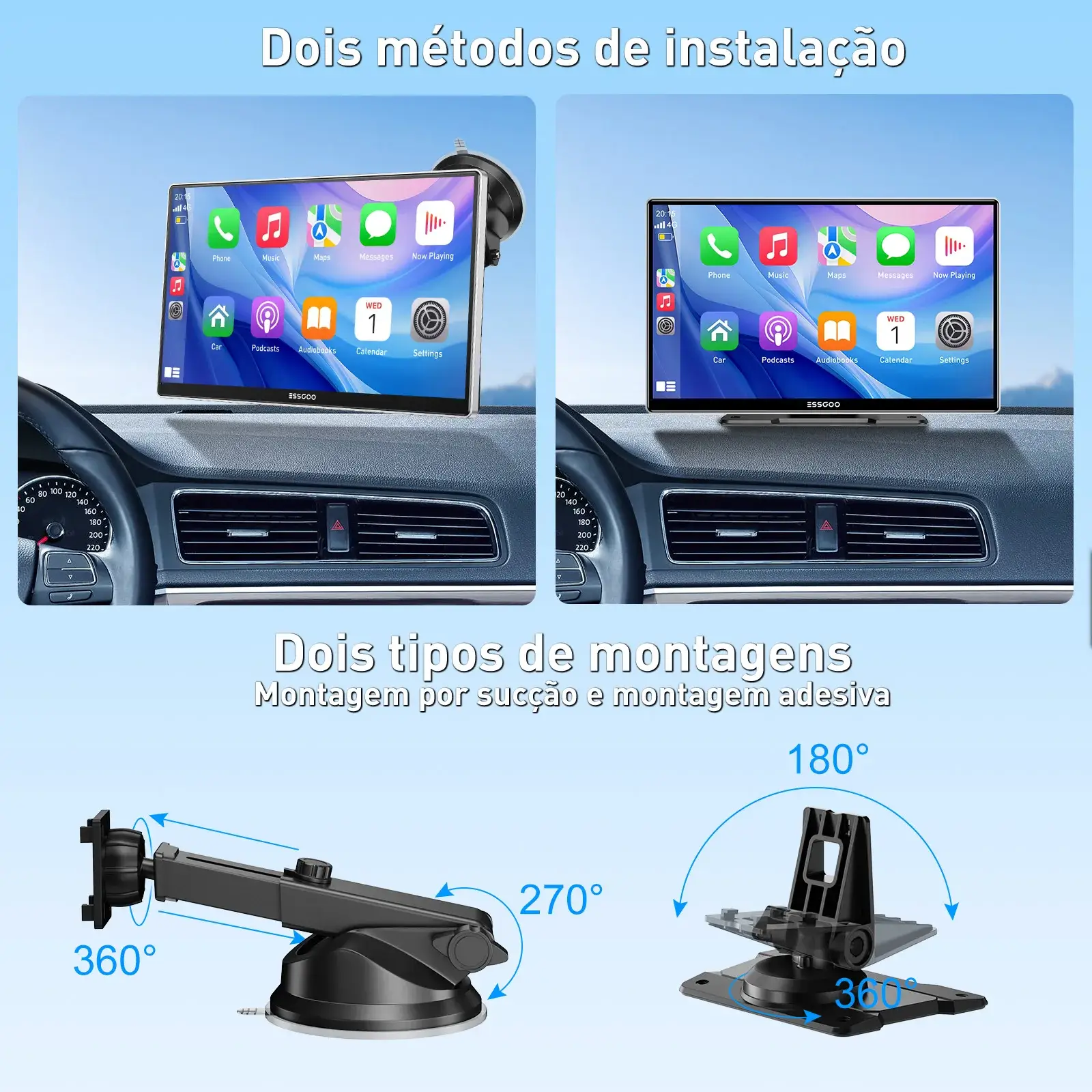 Tela CarPlay Android Auto com instalação por sucção ou adesiva