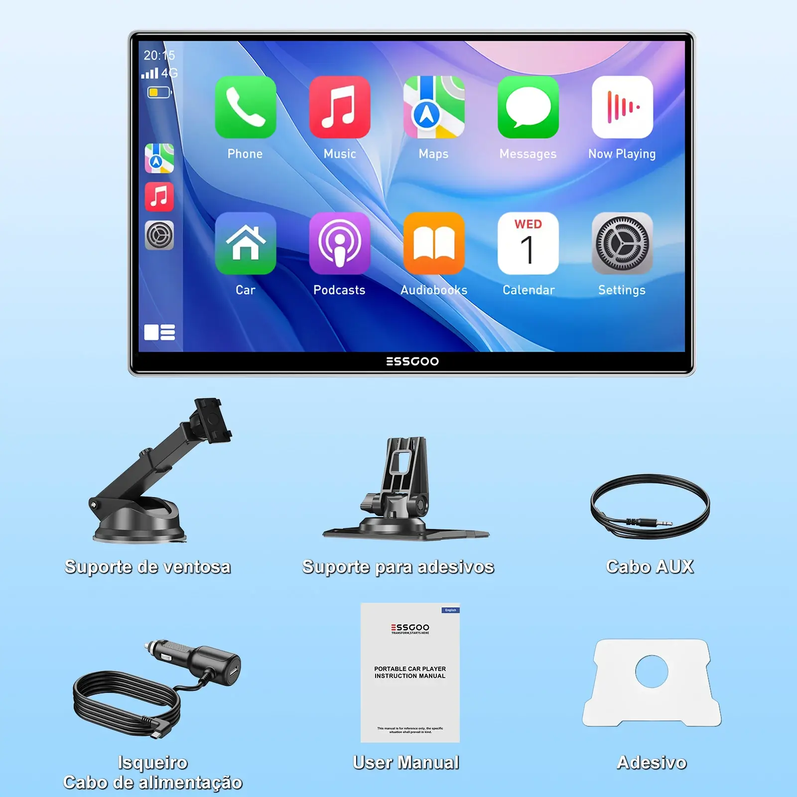 Kit completo da tela CarPlay Android Auto com cabos, suporte e câmera de ré